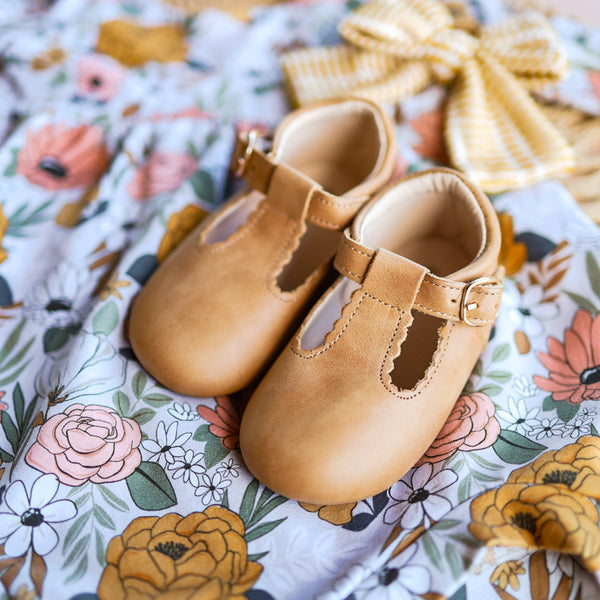 Chestnut color leather baby t bar shoe with soft sole and side buckle